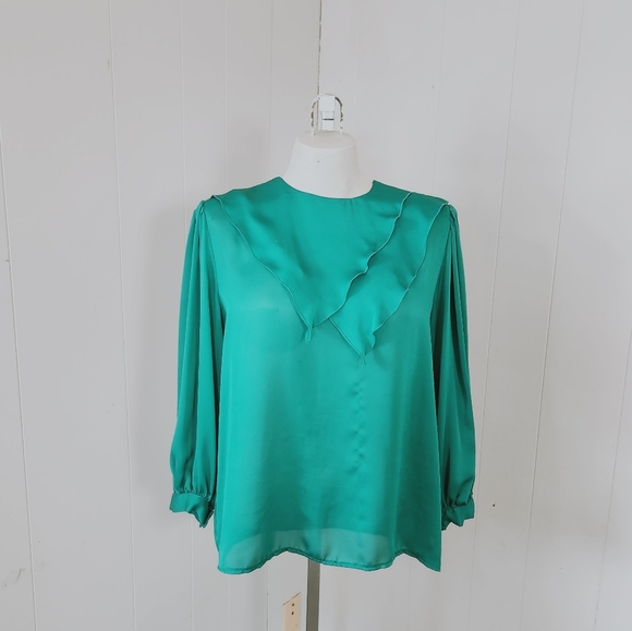 Vintage 70s Dressy Sheer Green Blouse Business Office Party Academia Preppy - Picture 13 of 13